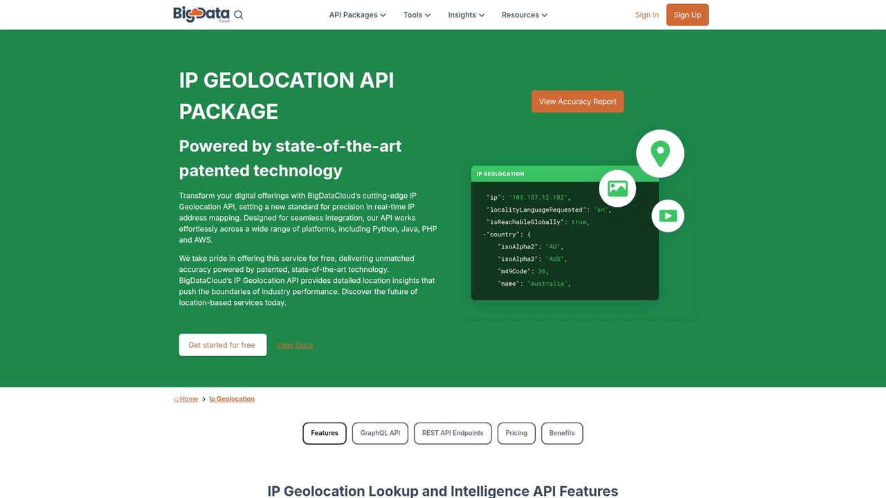 Screenshot of BigDataCloud IP Geolocation website