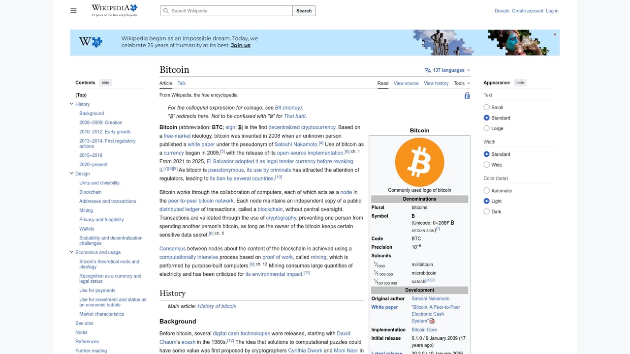 Screenshot of Bitcoin website