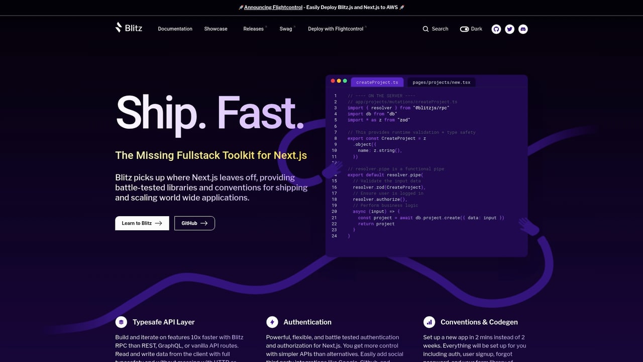 Screenshot of Blitz.js website