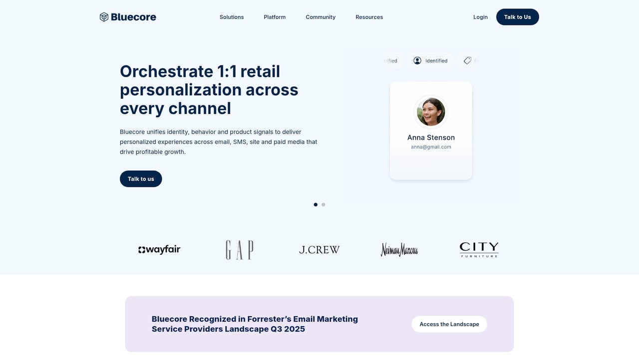 Screenshot of Bluecore website