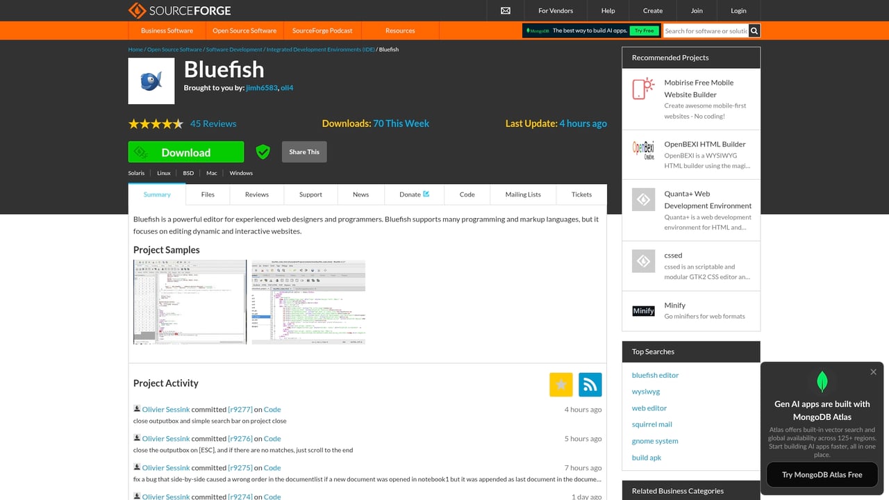 Screenshot of Bluefish website