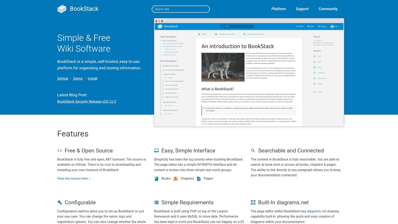 Screenshot of BookStack website