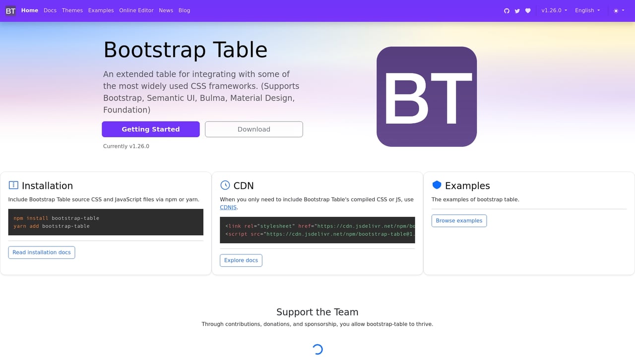 Screenshot of Bootstrap Table website