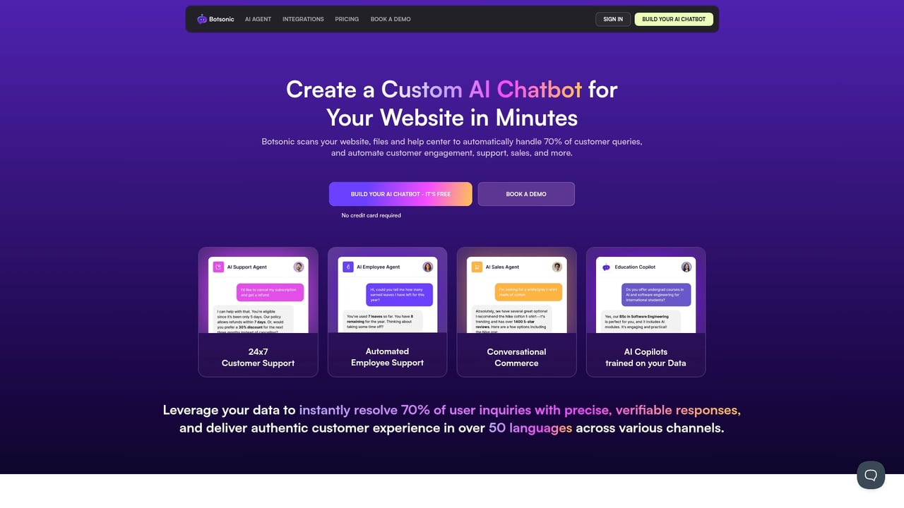 Screenshot of Botsonic website