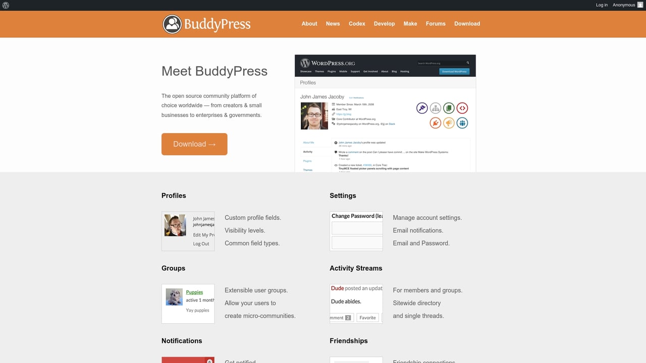 Screenshot of BuddyPress website