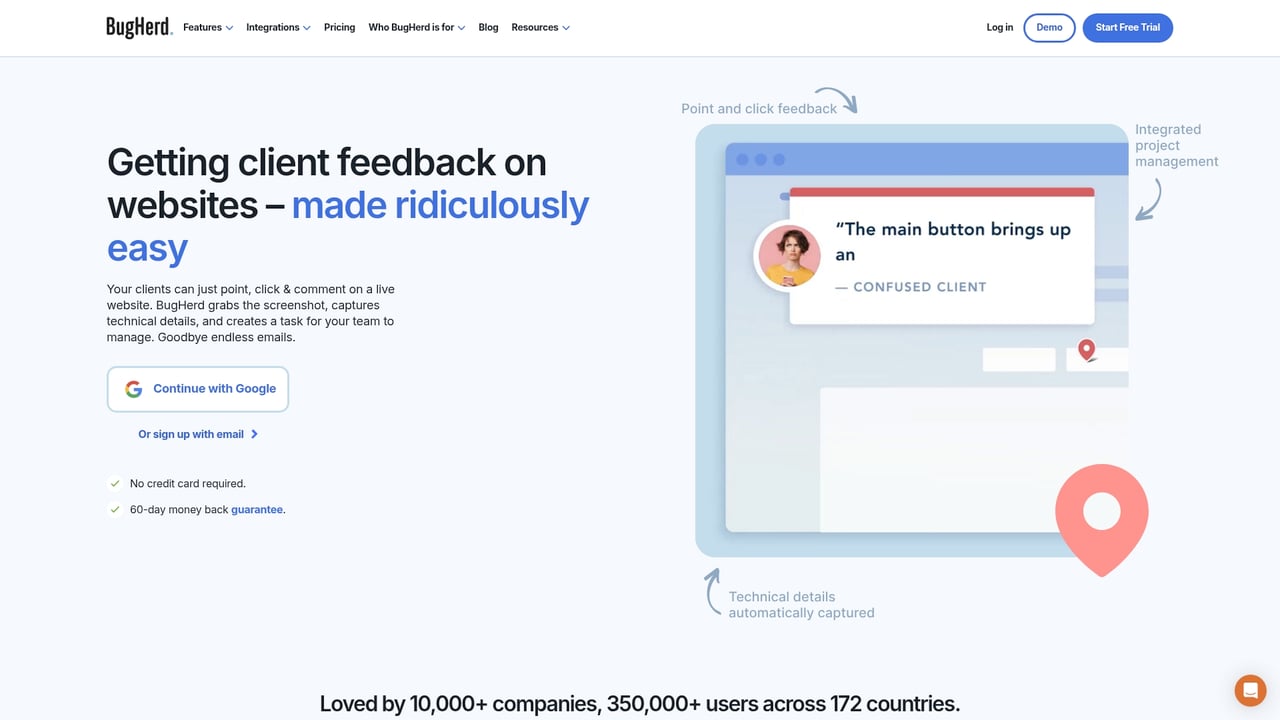 Screenshot of BugHerd website