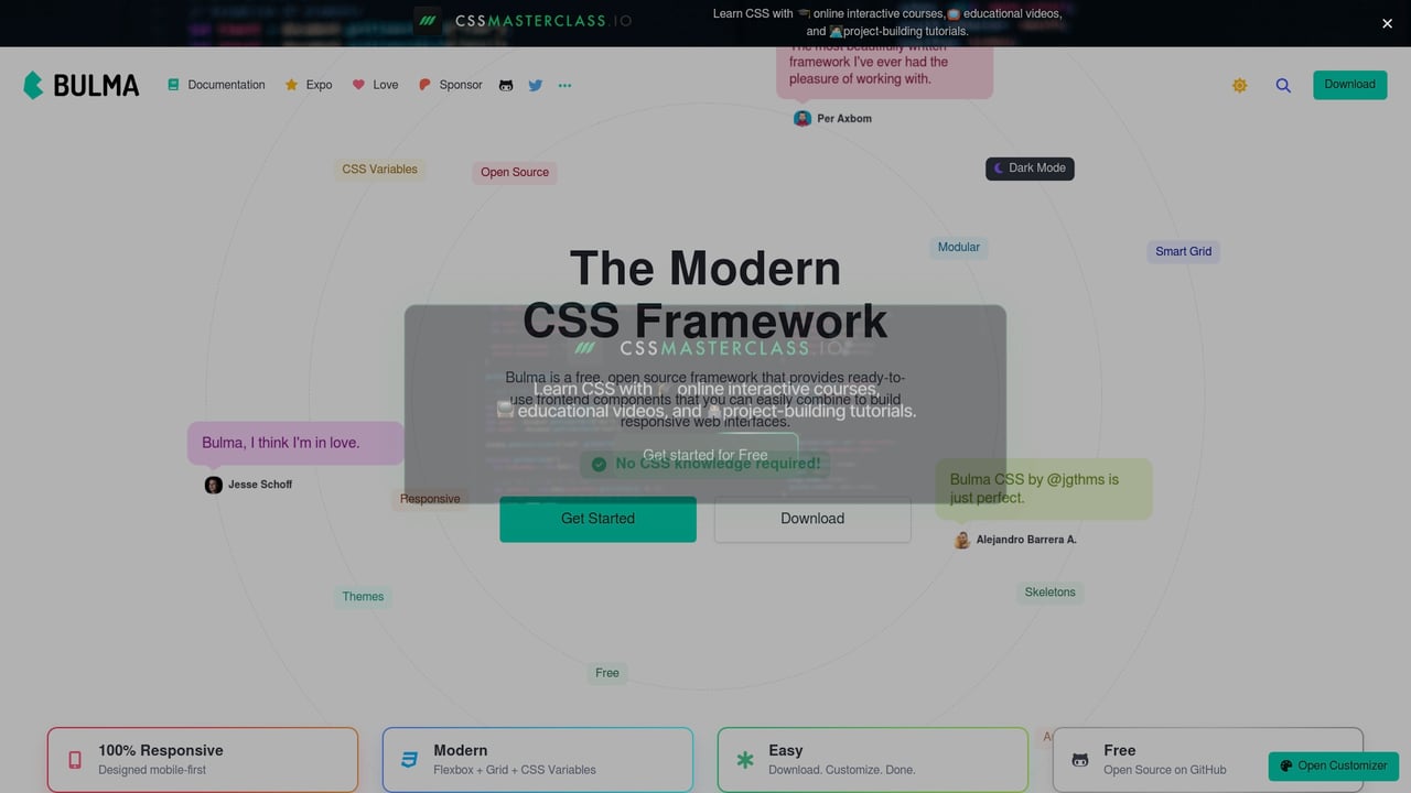 Screenshot of Bulma website