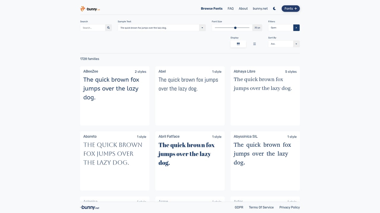 Screenshot of Bunny Fonts website