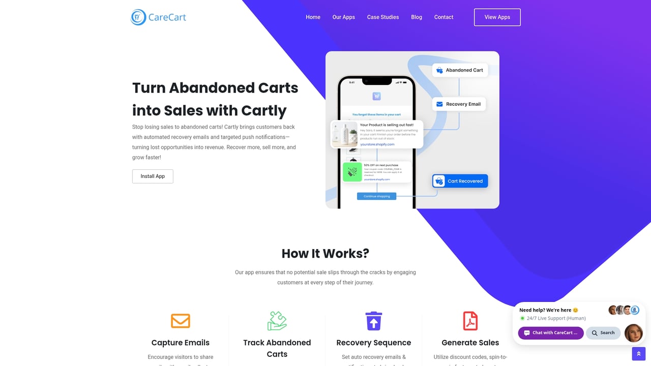 Screenshot of CareCart Cartly Abandoned Cart Recovery website