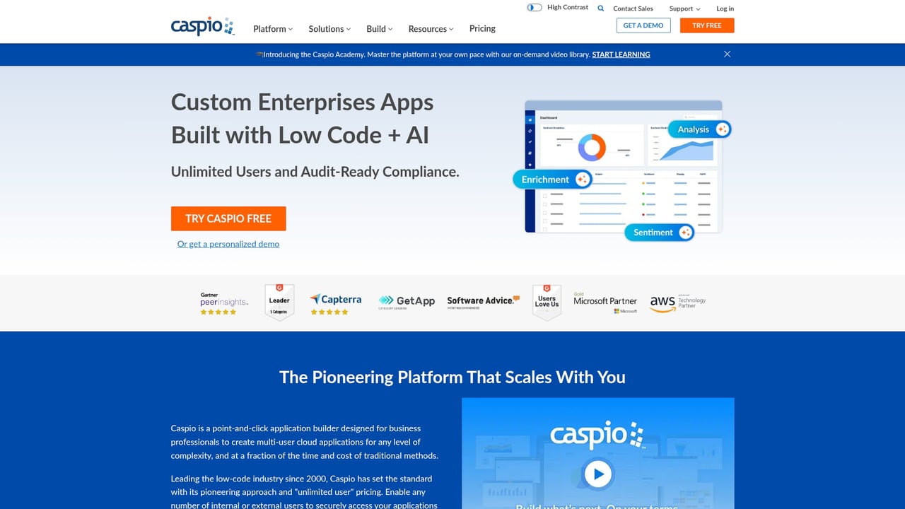 Screenshot of Caspio website