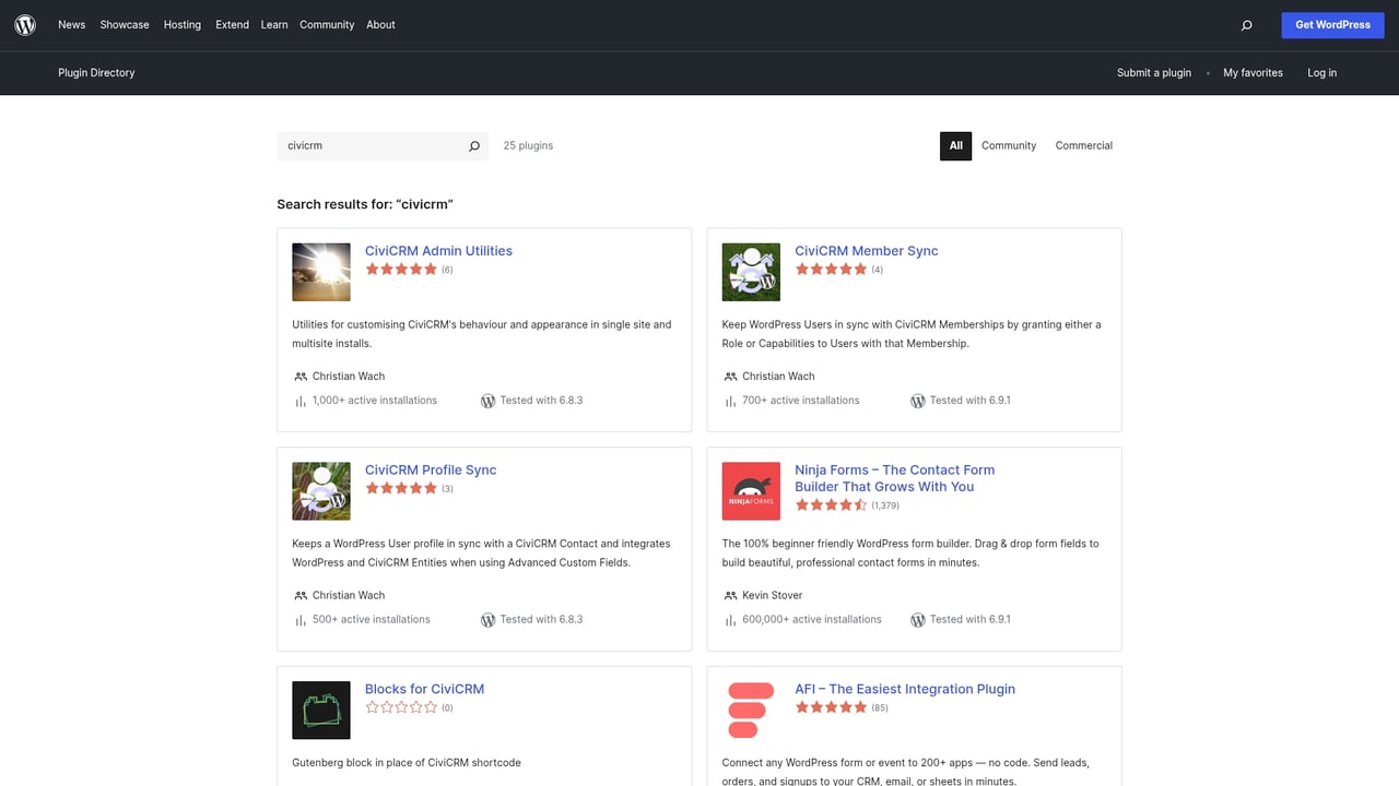 Screenshot of CiviCRM plugins website