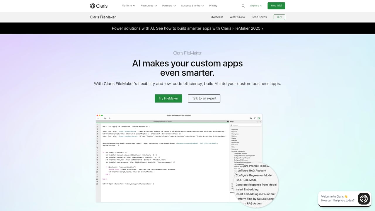 Screenshot of Claris FileMaker website