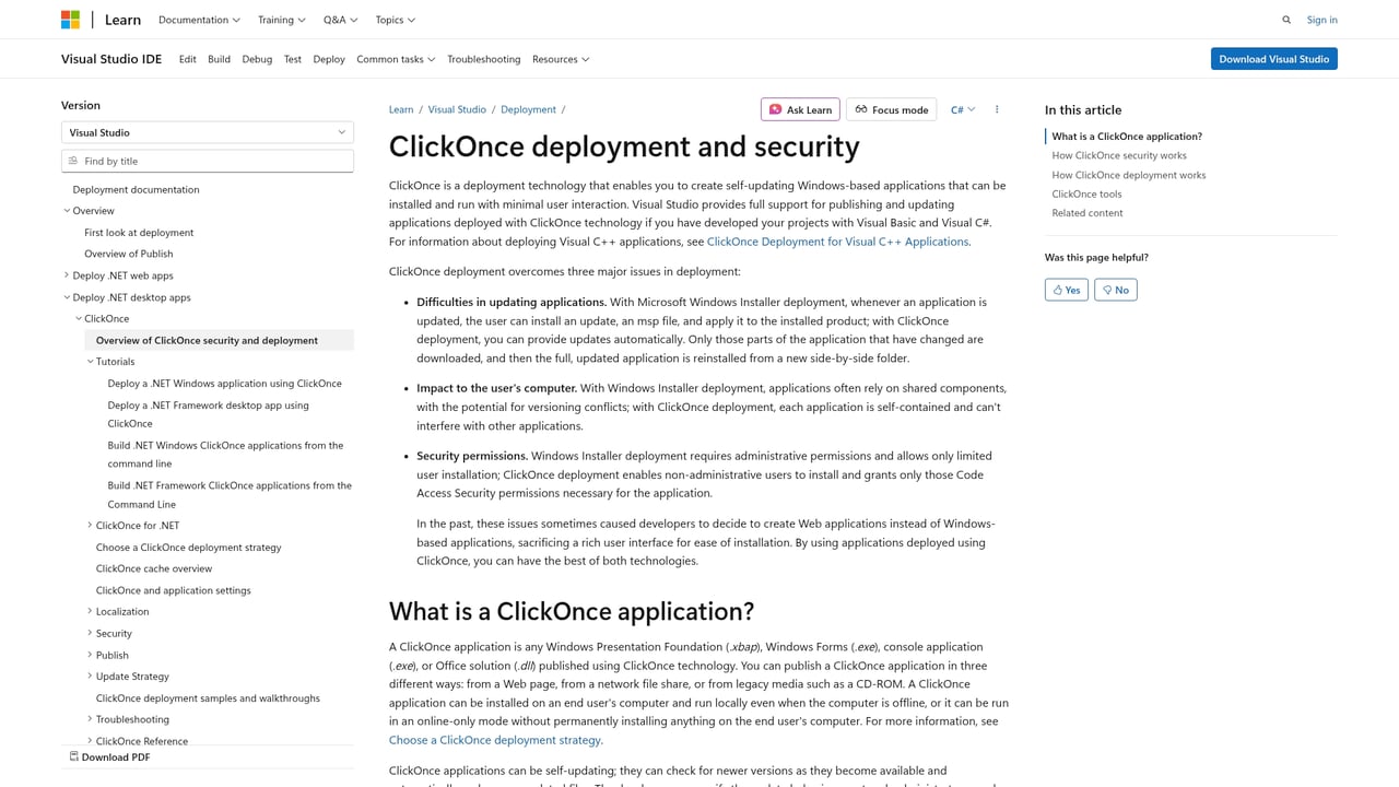 Screenshot of ClickOnce website