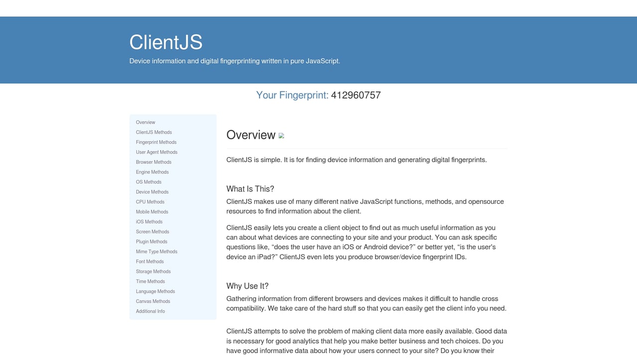 Screenshot of ClientJS website