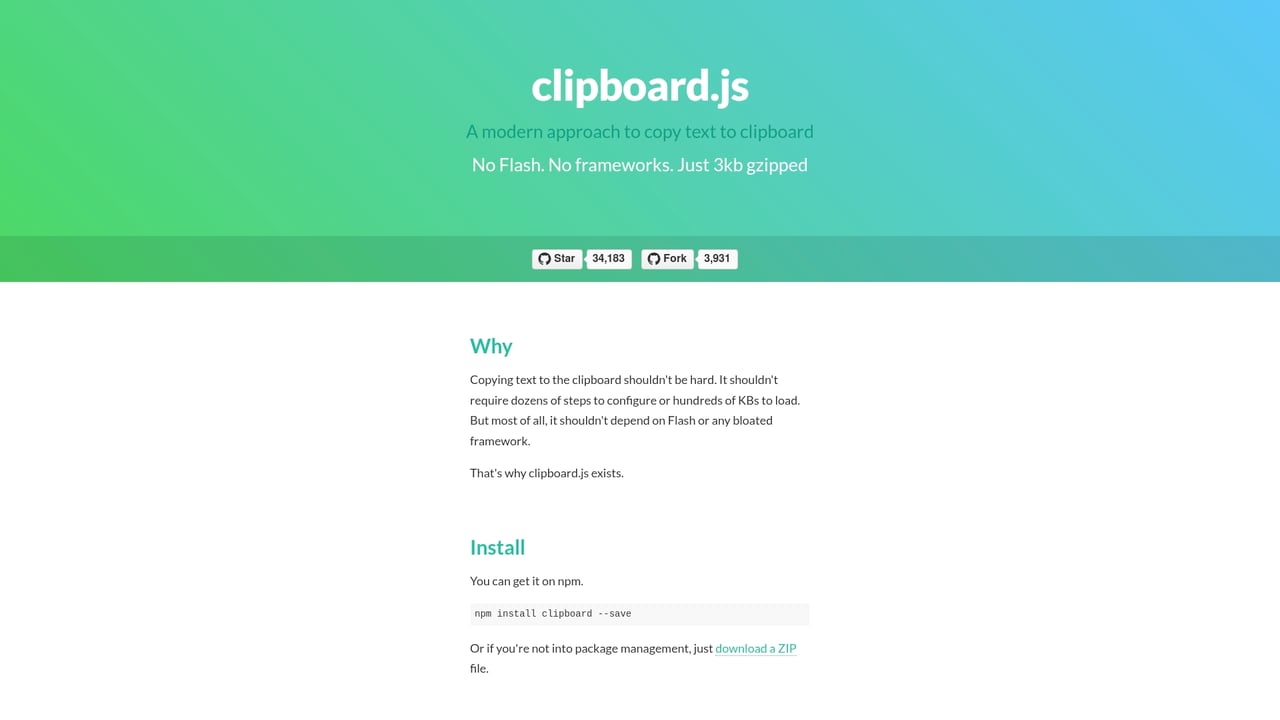 Screenshot of Clipboard.js website
