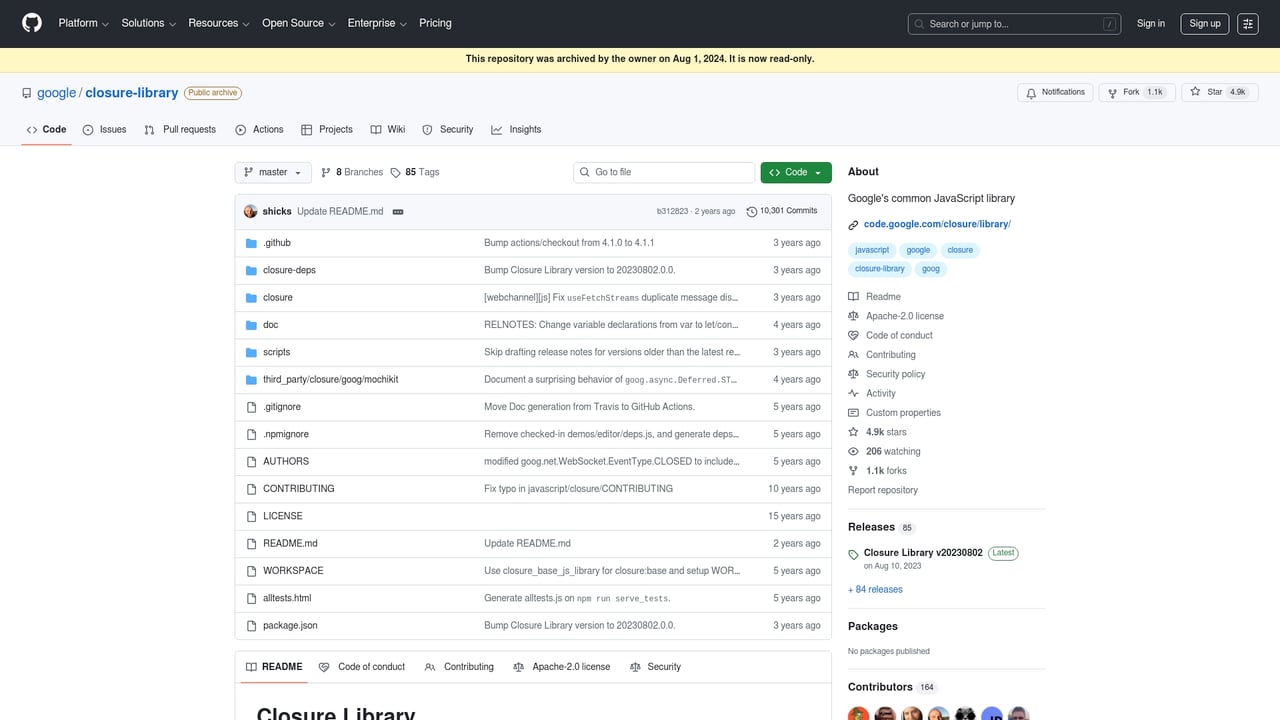 Screenshot of Closure Library website