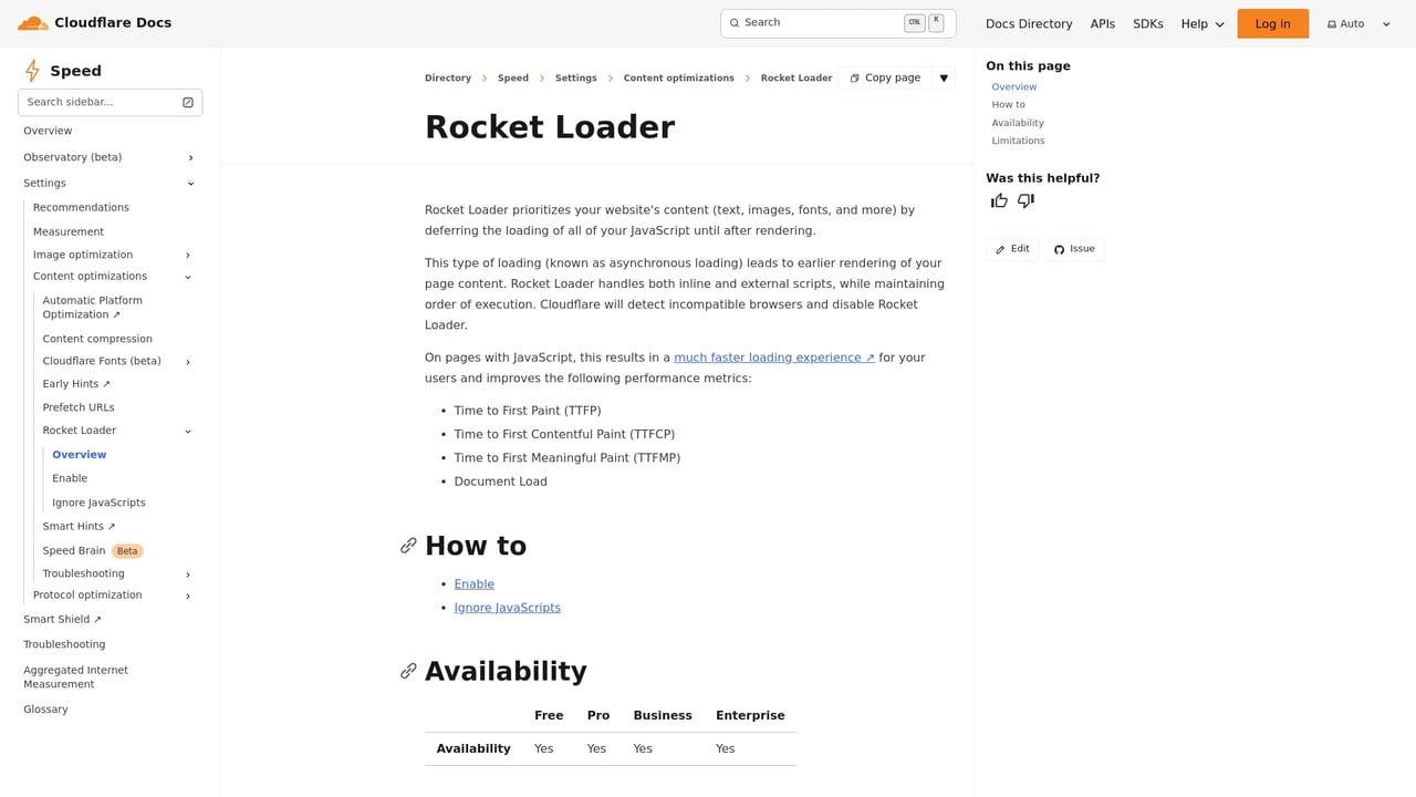 Screenshot of Cloudflare Rocket Loader website