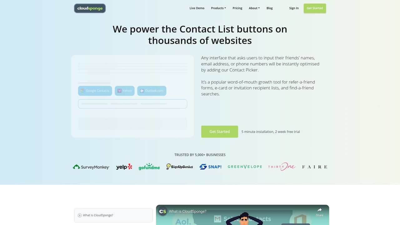 Screenshot of CloudSponge website