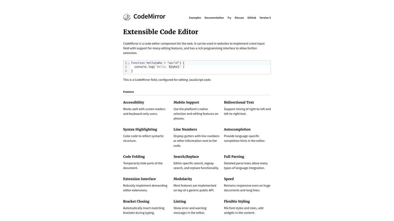 Screenshot of CodeMirror website