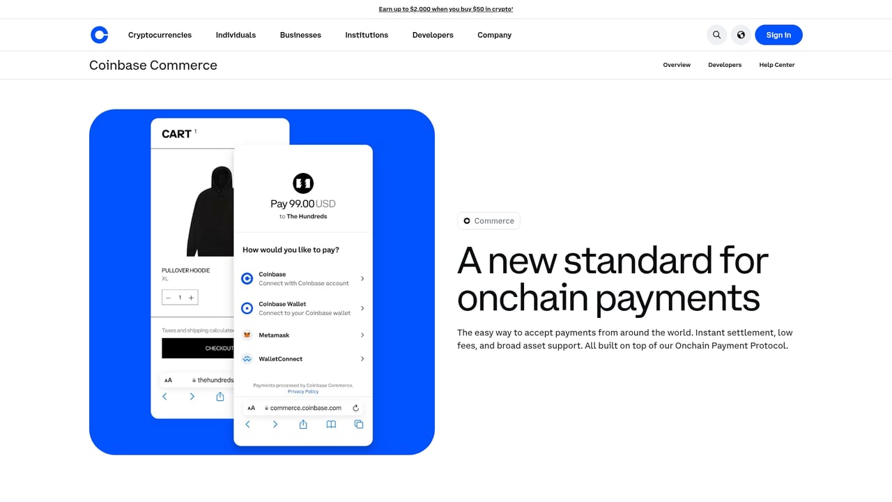 Screenshot of Coinbase Commerce website