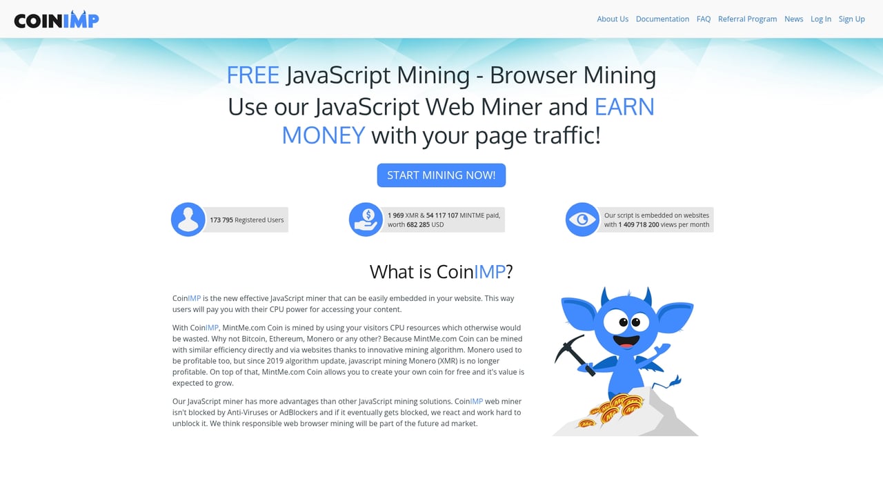 Screenshot of Coinimp website