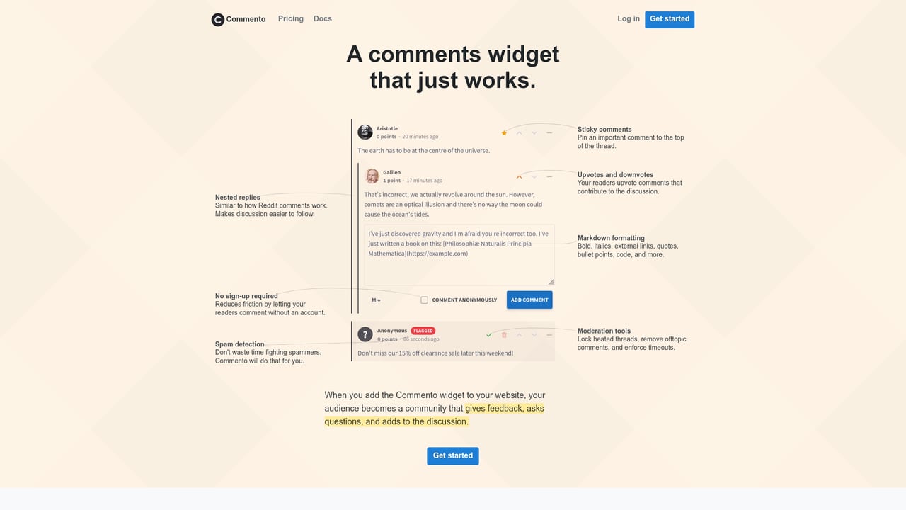 Screenshot of Commento website