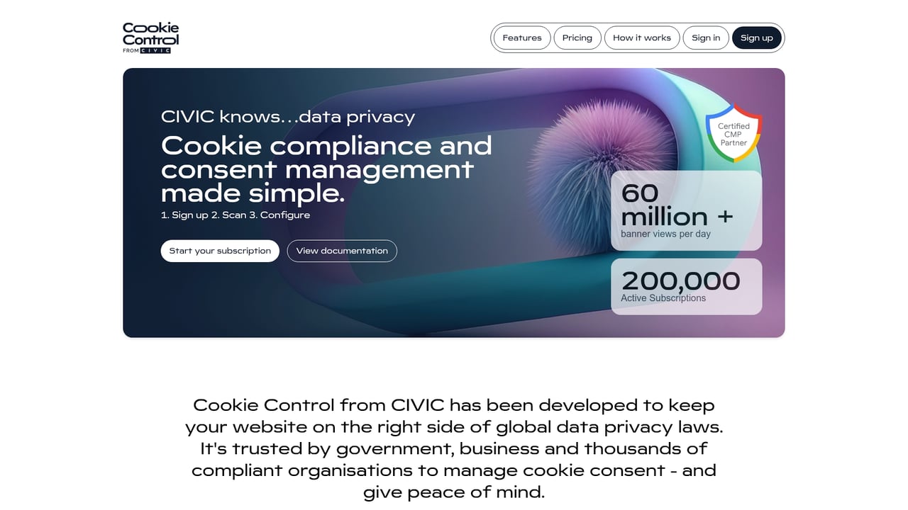 Screenshot of Cookie Control website