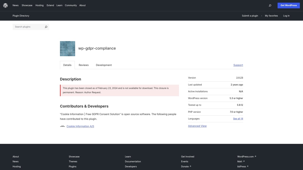 Screenshot of Cookie Information plugin website