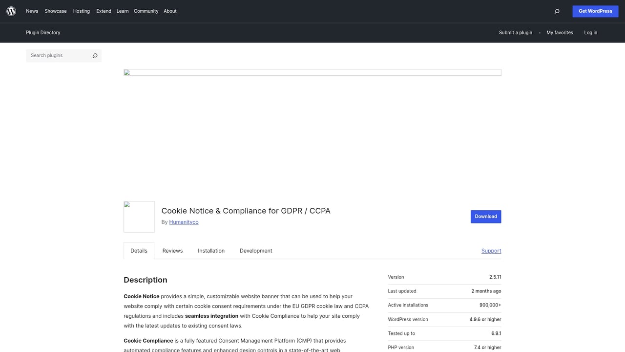 Screenshot of Cookie Notice website