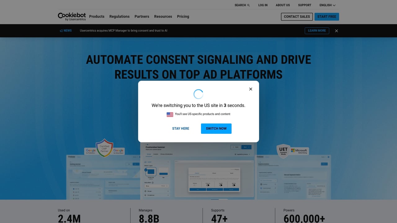 Screenshot of Cookiebot website