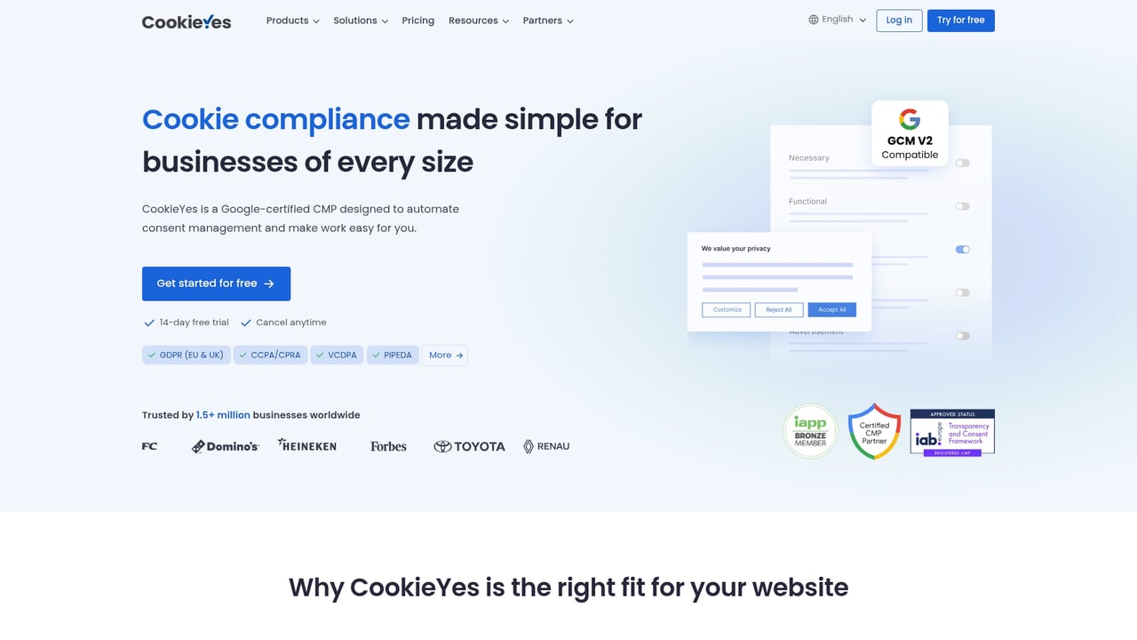 Screenshot of CookieYes website