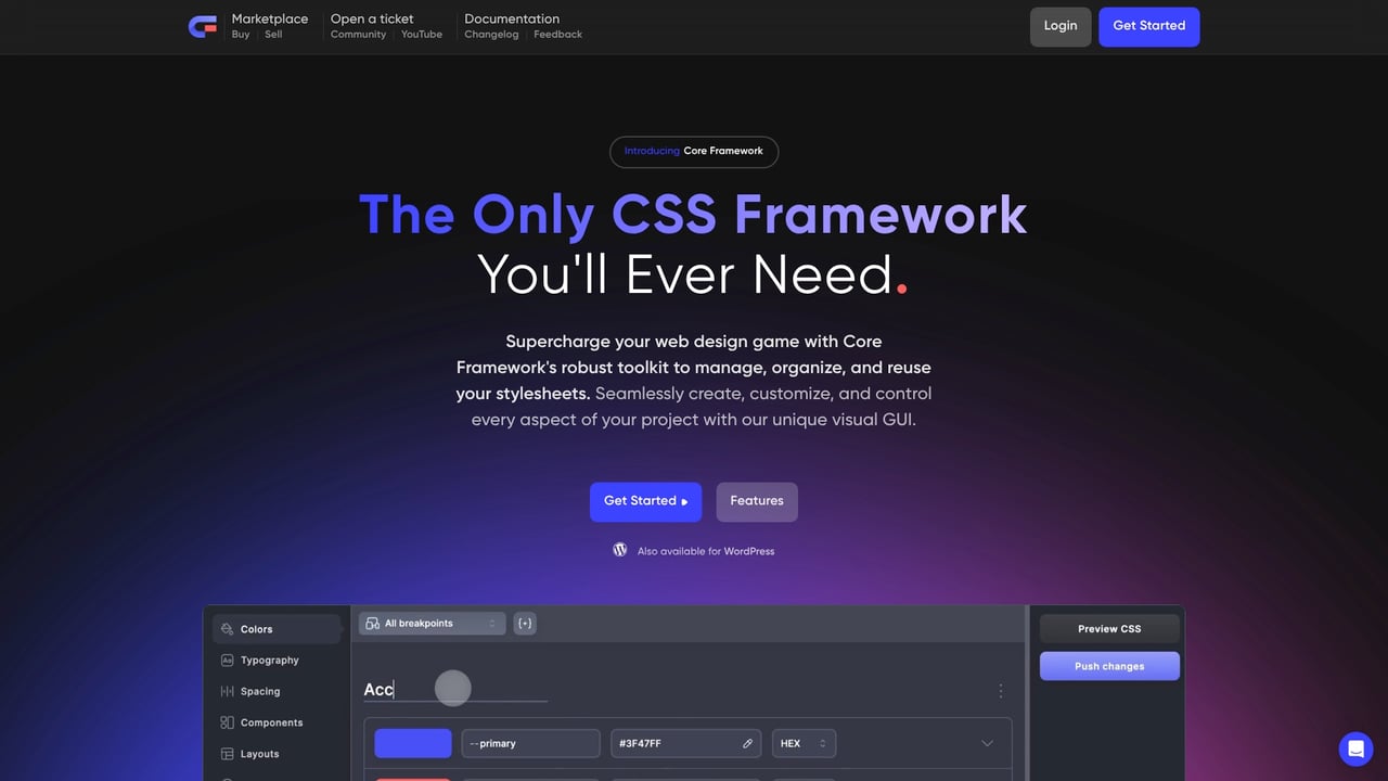 Screenshot of Core Framework website