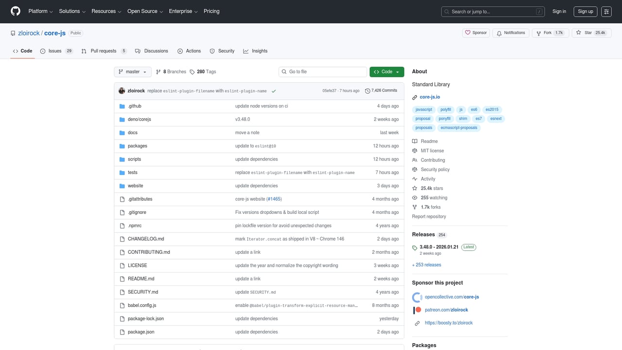 Screenshot of core-js website