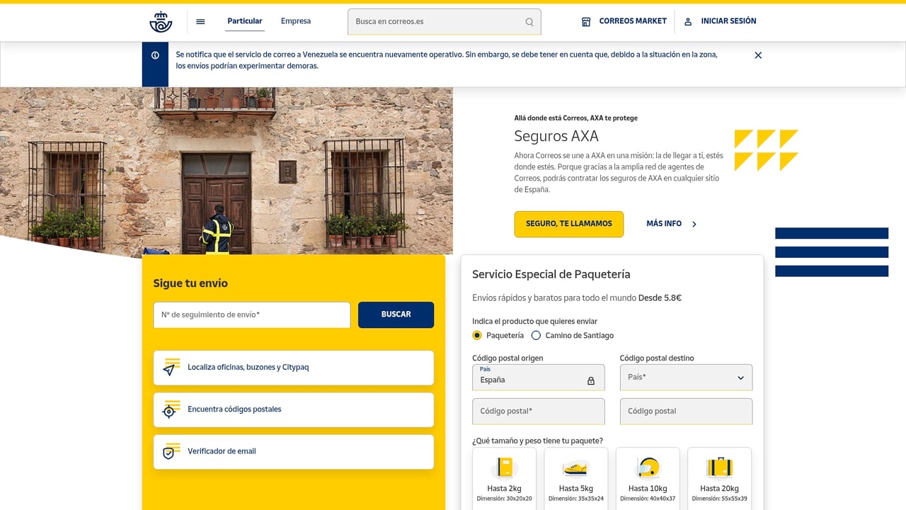 Screenshot of Correos website