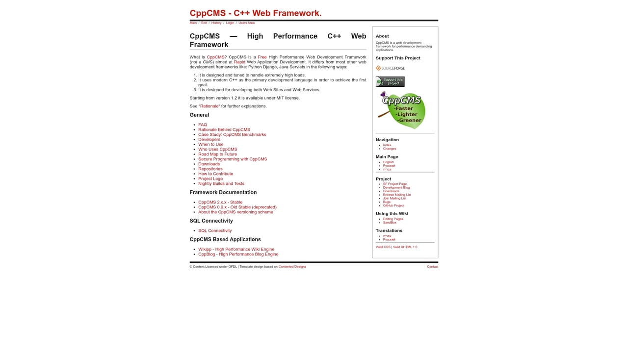Screenshot of CppCMS website