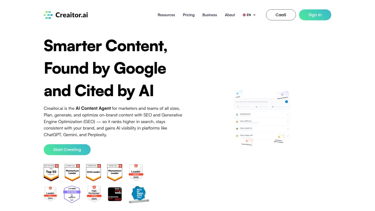 Screenshot of Creaitor website