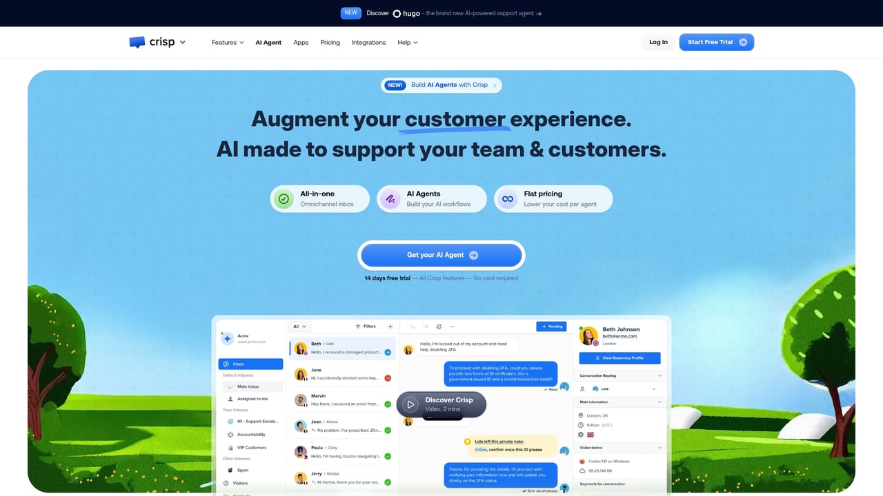 Screenshot of Crisp Live Chat website