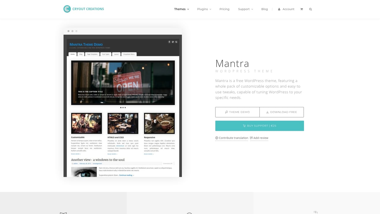 Screenshot of Cryout Creations Mantra website