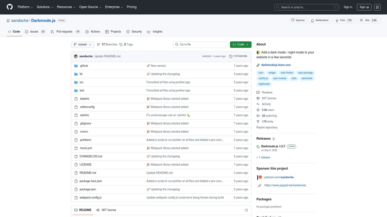Screenshot of Darkmode.js website