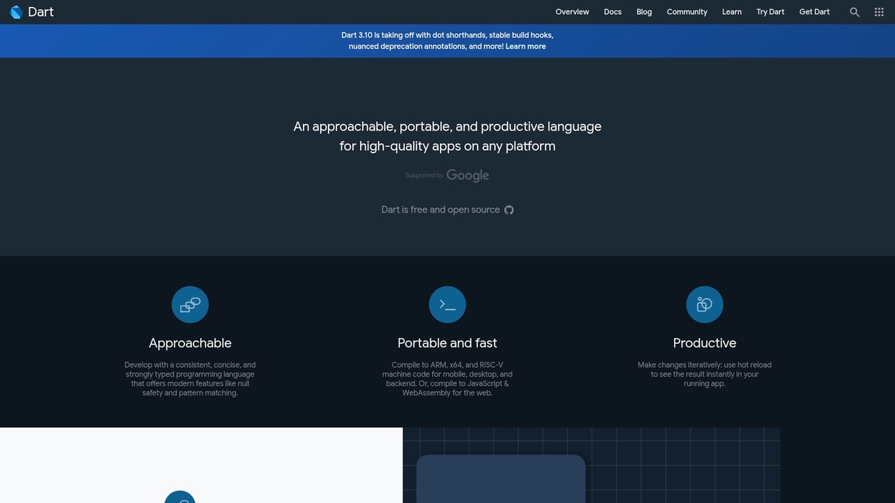 Screenshot of Dart website