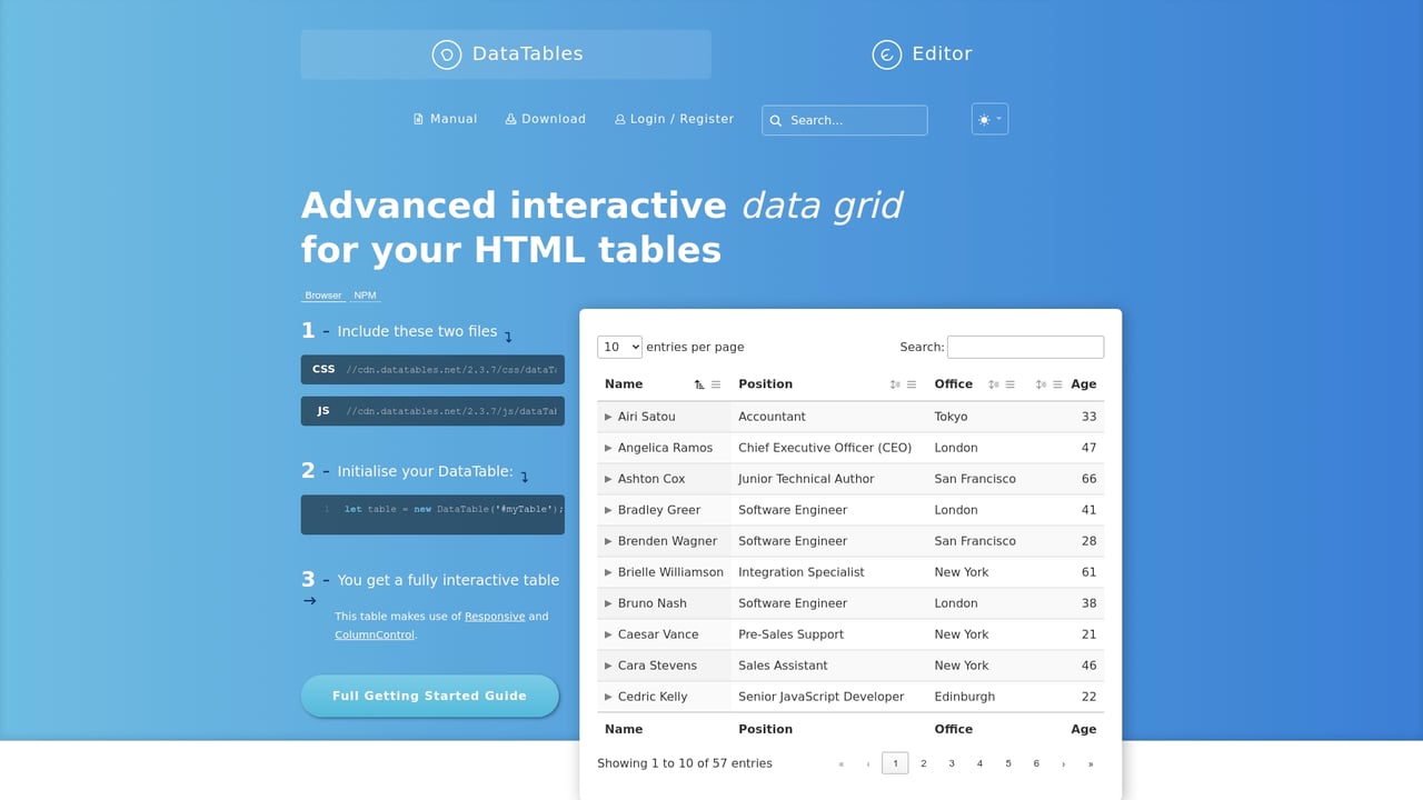 Screenshot of DataTables website