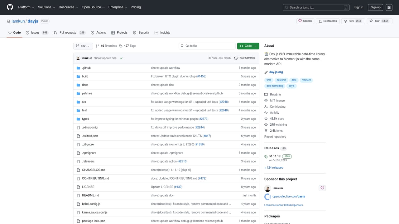 Screenshot of Day.js website