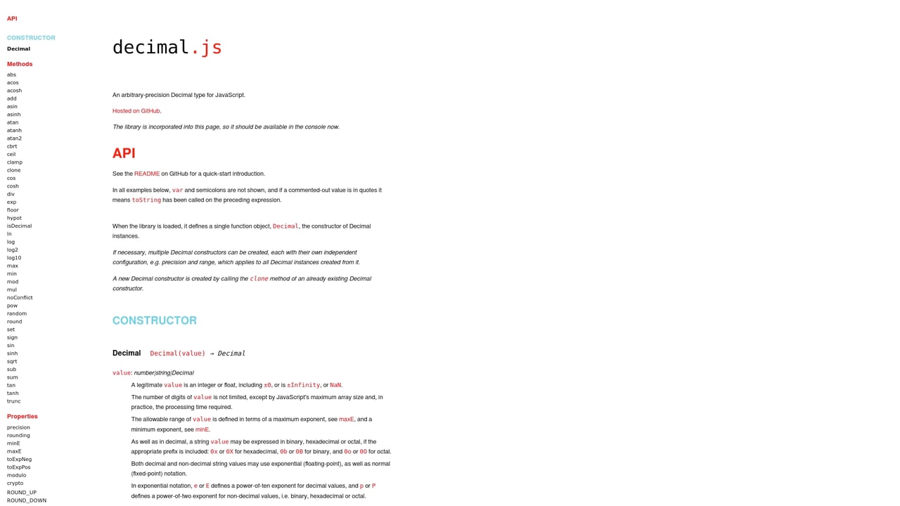 Screenshot of decimal.js website