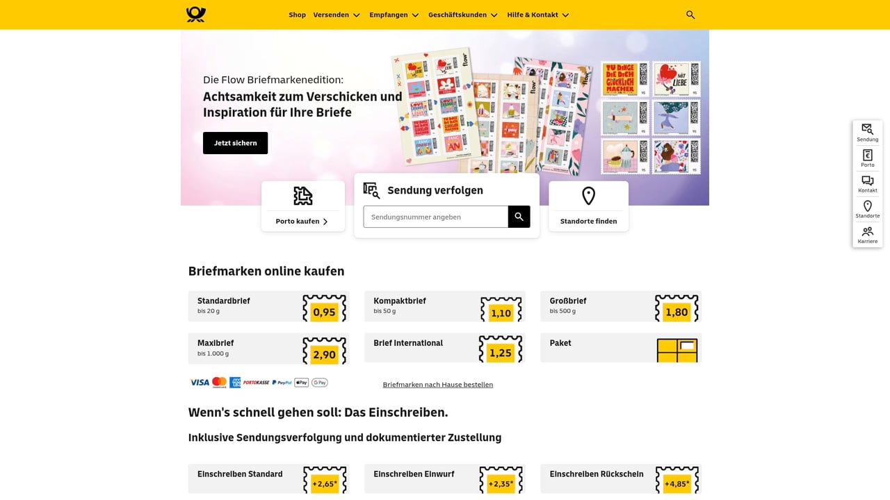 Screenshot of Deutsche Post website