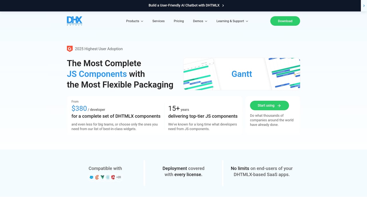 Screenshot of DHTMLX website
