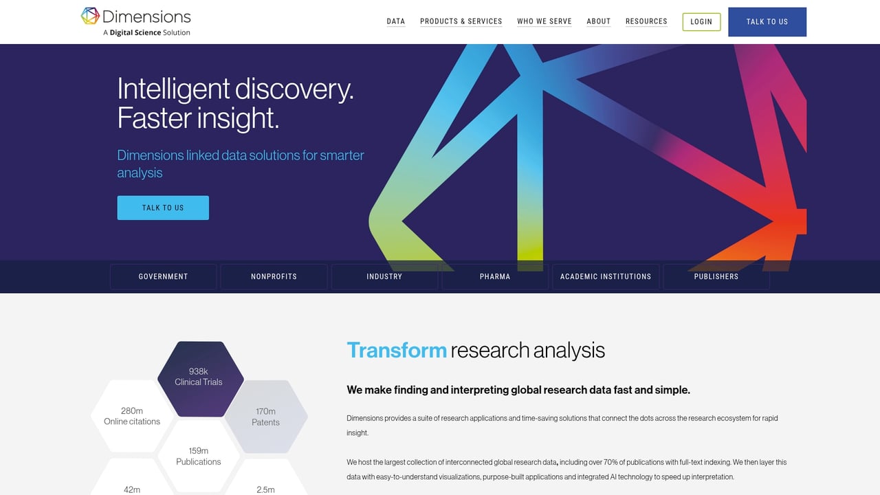 Screenshot of Dimensions AI website