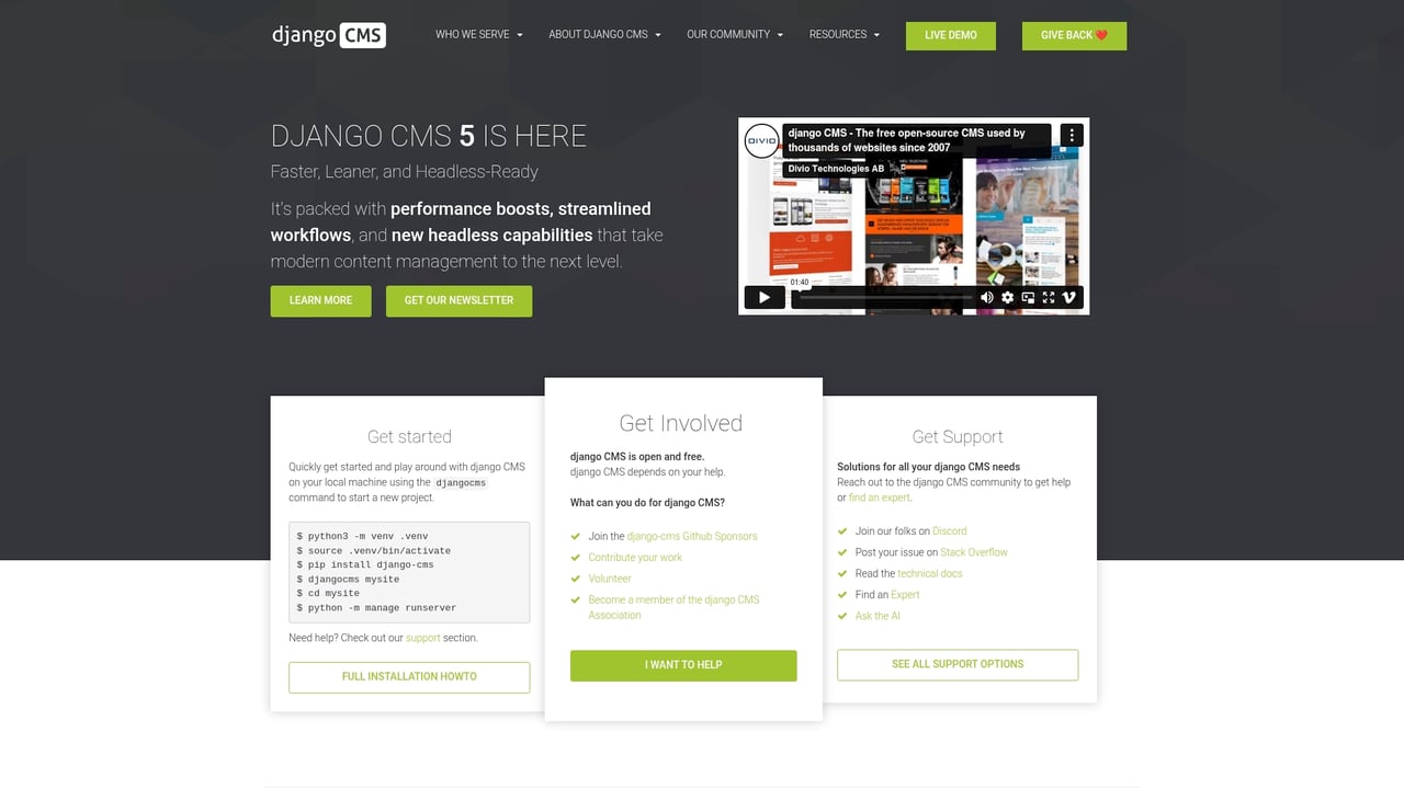 Screenshot of Django CMS website