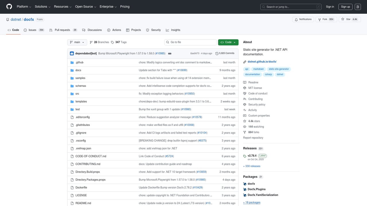 Screenshot of DocFX website