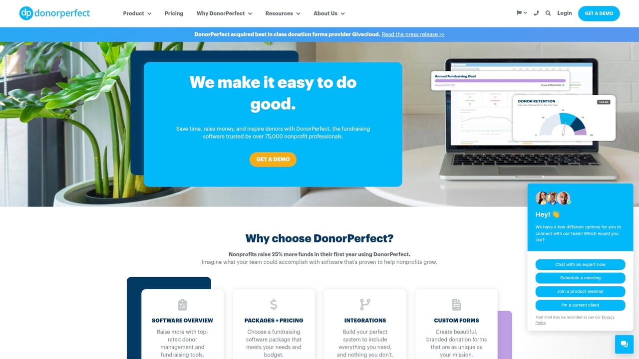 Screenshot of DonorPerfect website