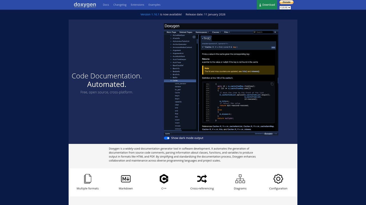 Screenshot of Doxygen website